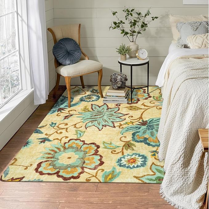 Lahome Floral Living Room Rug - 3x5 Area Rugs for Bedroom Machine Washable Non-Slip Throw Kitchen Entryway Rug Soft Beige Paisley Print Distressed Capet for Office Laundry Room Dining Room Bathroom