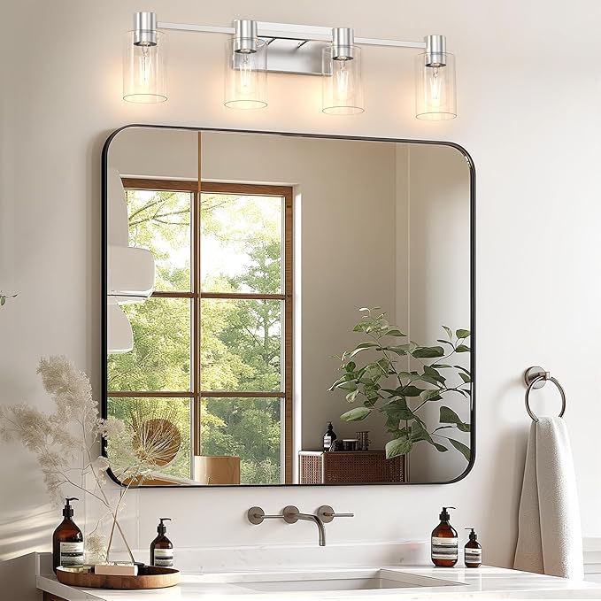 4-Light Modern Vanity Light Fixtures Over Mirror, Brushed Nickel Bathroom Light Fixtures, Vanity Lights, Wall Sconce with Clear Glass Shade for Bathroom, E26 Base