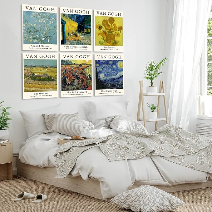 COSCTOR Set of 6 Vincent Van Gogh Wall Art Decor Canvas Vintage Retro Famous Artist Colorful Posters and Prints for Living Room Bathroom Bedroom Hallway Kitchen (Framed, 9x12)