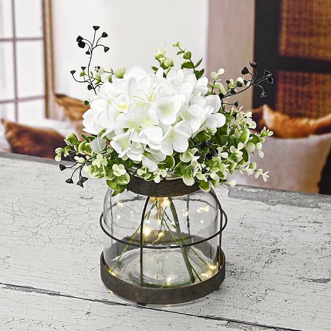 Farmhouse Glass Lantern Vase Vintage Flower Vases with Plants Hydrangea Lights Rustic Floral Arrangement Centerpieces Home Decor Hostess Housewarming Gift