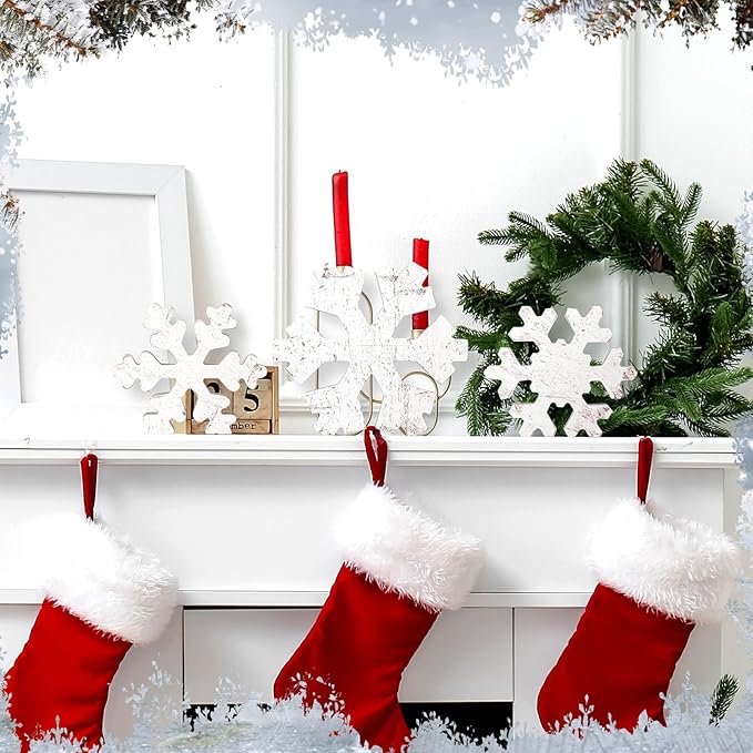 Bucherry 3 Pcs Winter Wooden Snowflake Decor Rustic Winter Snowflake Table Signs Wonderland Wood Blocks Farmhouse Christmas Tiered Tray Decorations for Xmas Table Shelf(Classic White)