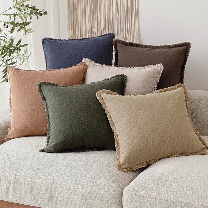 Foindtower Set of 2 Decorative Linen Fringe Throw Pillow Covers Boho Farmhouse Cushion Cover with Tassels Soft Accent Pillowcase for Couch Sofa Bed Living Room Home Decor,24×24 Inch,Reddish Brown