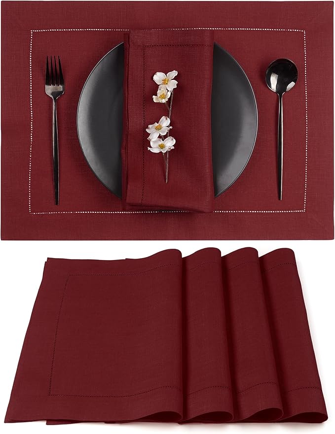 D'Moksha Homes Linen Placemats Set of 4 - Classic Hemstitch Dark Red Placemats 14 x 19 Inch - 100% Pure Linen Table Mats for Fall, Autumn and Halloween - Handcrafted and Machine Washable