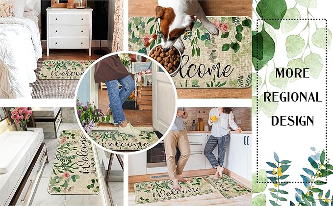 ORTIGIA Welcome Outdoor Doormat Indoor Patio Spring Eucalyptus Leaves Door Mats Non-Slip Durable Entrance Mat for Home Entrance, Outside Entry, Yard, Floor, Patio 17x36INCH