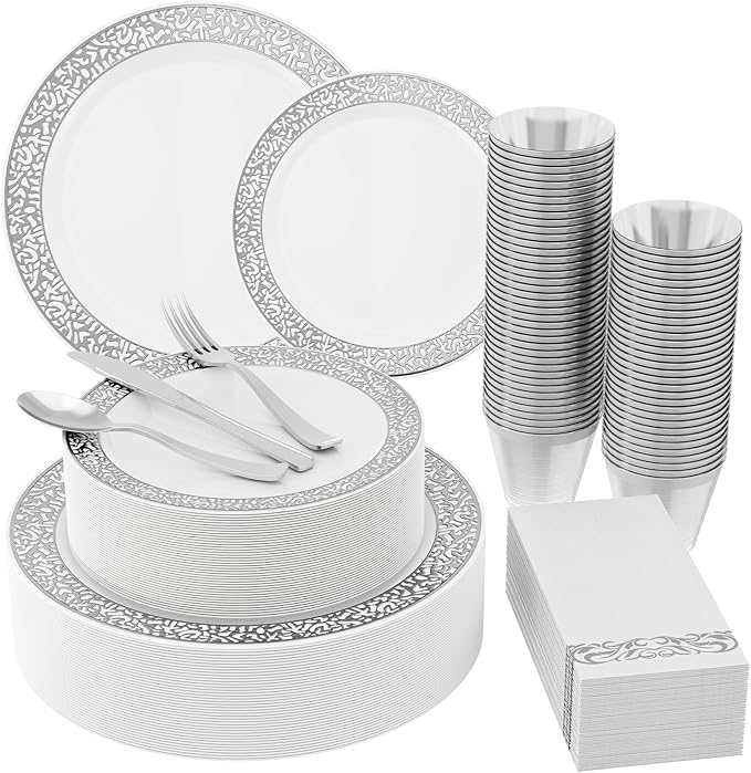 πππ Count Silver Plastic Dinnerware, Silver Disposable Plates, Includes 30 Dinner & 30 Dessert Plates & 30 Cups & 30 Paper Napkins & 30 Plastic Silverware Set