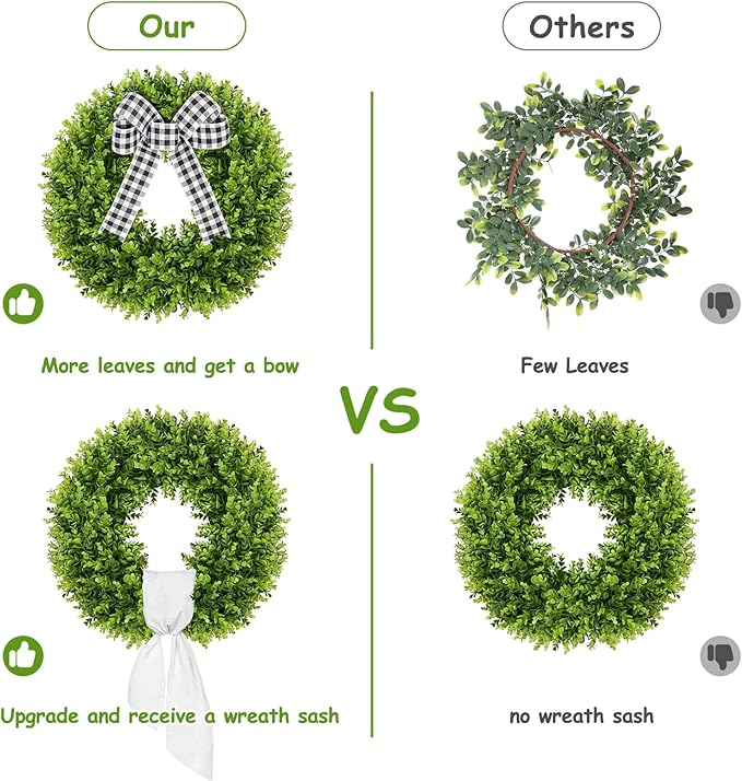 Vlorart 20-Inch Boxwood Wreath, Artificial Boxwood Wreath Front Door Wreaths Artificial Spring Summer Greenery Hanging with A Plaid Bowand Sash for Front Door Wall Hanging