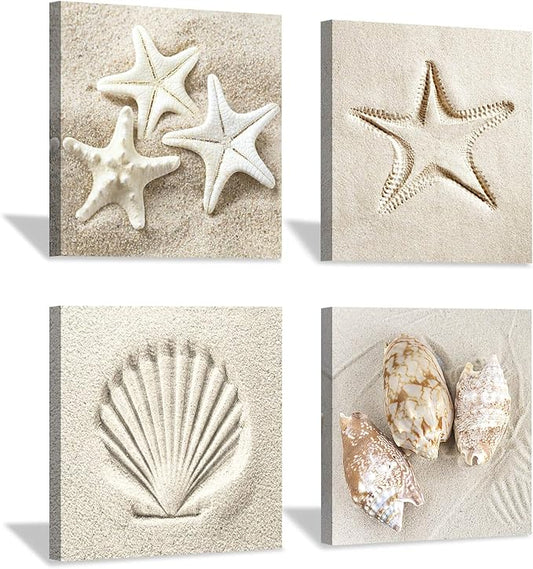 Coastal Serene Canvas Wall Art: Shells on Beach Sand Giclee Print Painting for Wall Decor for SPA Room (16''x16''x4pcs)