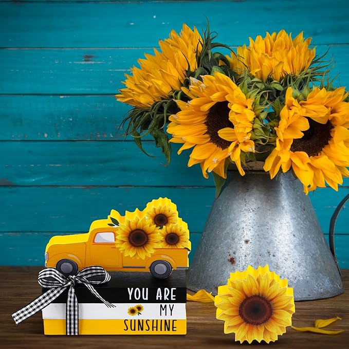 Yookeer 5 Pieces Farmhouse Tiered Tray Decor Items Rustic Wooden Mini Truck Bundle Books Stack Sign for Summer Spring Home Harvest Table Shelf Decorations(Sunflower Style)