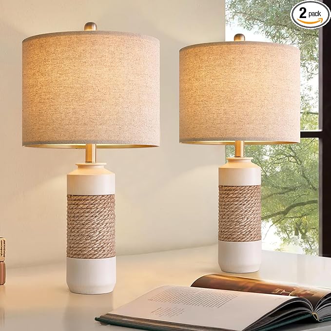 OYEARS 23.75" Bedside Table Lamps Set of 2 for Sleeping and Reading, Vintage Farmhouse Rattan Table Lamp Antique White Resin Lamp for Decoration, Office Living Room Bedside Table