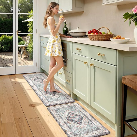 KIMODE Anti Fatigue Kitchen Mats,Boho Vintage Kitchen Rugs Sets of 2,Non Slip Waterproof Kitchen Floor Mats,Ergonomic Cushioned Comfort Standing Mat for Laundry,Office,Sink,Desk,Blue