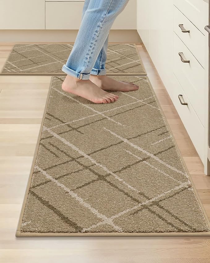 COSY HOMEER Kitchen Mats, 2 PCS Kitchen Rug Non Slip Washable, Absorbent Runner Rugs for Kitchen Floor, Polyester Kitchen Sink Rug 24"x36" + 24"x60"(Beige)