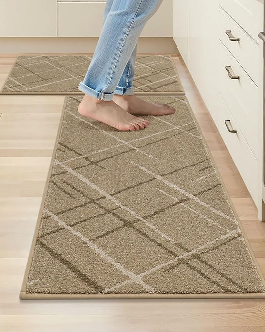 COSY HOMEER Kitchen Mats, 2 PCS Kitchen Rug Non Slip Washable, Absorbent Runner Rugs for Kitchen Floor, Polyester Kitchen Sink Rug 20"x32" + 20"x48"(Beige)