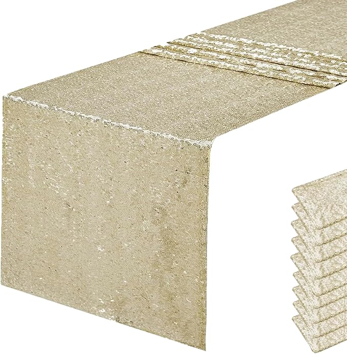 10 Packs 12 x 108 inches Champagne Gold Sequin Table Runner, Glitter Champagne Table Runner for Wedding Birthday Bachelorette Holiday Party Supplies Decorations Bridal Shower Baby Shower