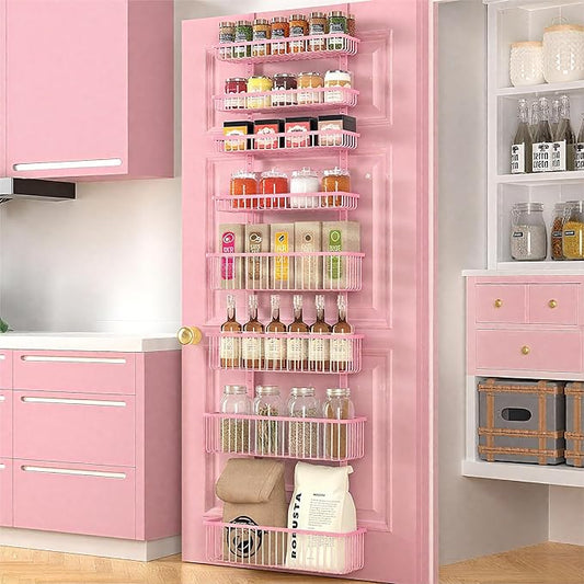 Moforoco Pink Over The Door Pantry Organizer, Pantry Door Organizer Shelves, Kitchen Organizers and Storage, Hanging Basket Wall Spice Rack Seasoning Shelves, Laundry Room Bathroom accessories