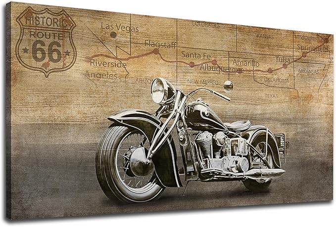 arteWOODS Vintage Motorcycle Canvas Wall Art - Historic Route 66 Retro Vehicle Pictures for Men Boys Bedroom Wall Decor Modern Motorcross Canvas Print Artwork Home Office Wall Decoration 29" x 58"