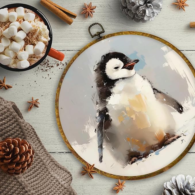 CUANFDDSF Christmas Winter Penguin Round Wall Art Decor, Rustic Winter Penguin Wall Hanging Frame Decor, Farmhouse Christmas Animal Canvas Prints Decorations for Home Bedroom Living Room, 10x10 Inch
