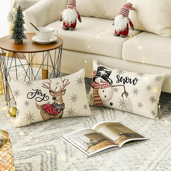 AVOIN colorlife Christmas Snowman Reindeer Gloves Eucalyptus Red Throw Pillow Covers, 12 x 20 Inch Winter Holiday Stripes Cushion Case Decoration for Sofa Couch Set of 4