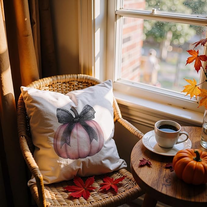 Coquette Pink Pumpkin Black Bow Fall Pillow Covers 18x18, Preppy Fall Decor, Pink Girly Pumpkin Autumn Decorative Throw Pillow Covers for Girls Room Home Dorm Bedroom Living Room