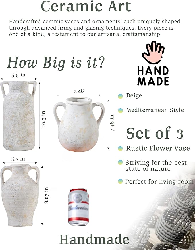 Beige Ceramic Vase Set of 3, Handmade Rustic Farmhouse Vases with Handles, Glazed Interior, Aged Eroded Texture Finish, Boho Home Decor for Table, Shelf, Mantel, Flower Arrangement