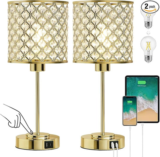 Crystal Touch Control Table Lamp with USB-C+A Charging Ports 3-Way Dimmable Nightstand Lamp Set of 2 Crystal Decorative Bedside Lamps with Gold Elegant Shade for Bedroom Living Room, Bulbs Included