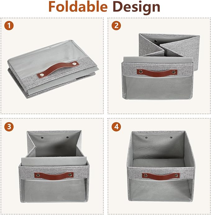 Medium Storage Baskets with Clear Window, See Through Closet Organizer with PU Handles, Linen Foldable Storage Bins for Organizing Clothes, Toys, Books (Gray)