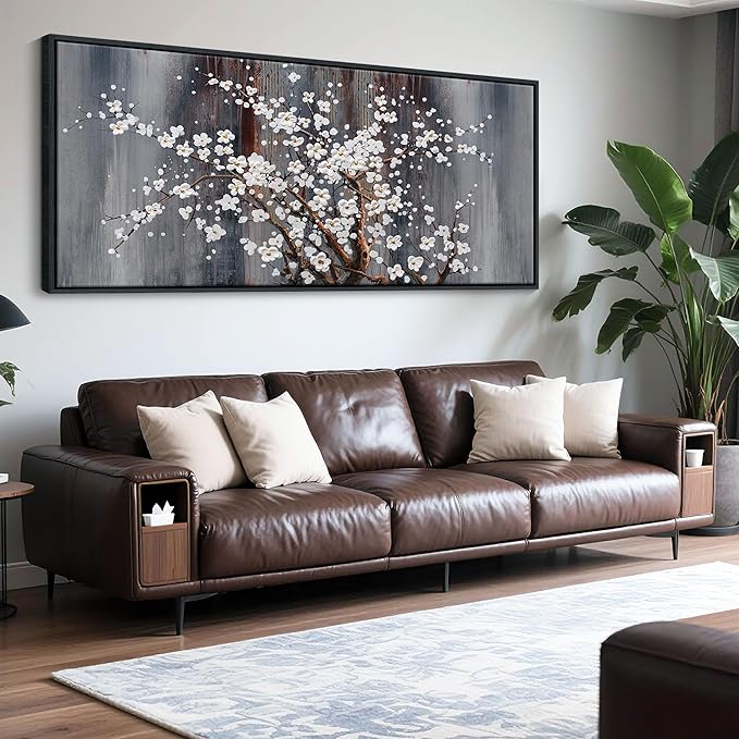 Large Plum Blossom Canvas Wall Art Brown Wall Decor Living Room Cherry Blossom Bedroom Pictures for Wall Over Bed Framed Artwork for Wall Modern Canvas Paintings for Wall Decorations 31×70