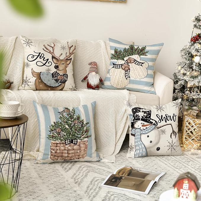 AVOIN colorlife Christmas Snowman Reindeer Gloves Eucalyptus Blue Throw Pillow Covers, 20 x 20 Inch Winter Holiday Stripes Cushion Case Decoration for Sofa Couch Set of 4