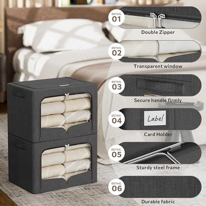 3 Pack Clothes Storage Bins Foldable Metal Frame Storage Box Stackable Linen Fabric Organizer Set with Carrying Handles and Clear Window (Dark Gray, 15.7x11.8x7.8inch(22L))