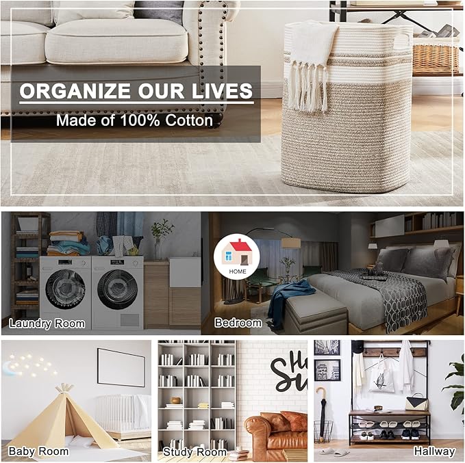 OIAHOMY Laundry Hamper-Laundry Basket,Tall Cotton Storage Basket with Handles,Decorative Blanket Basket for Living room,Collapsible Large Basket for Toys,Pillows,Clothes-16x13x22in-Yellow variegated