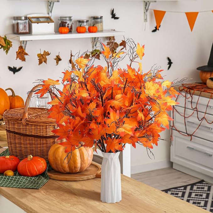 12 Pcs 19.7 Inch Artificial Fall Flowers Burnt Orange Fake Maple Leaf Floral Stems Autumn Floral Picks Thanksgiving Harvest Centerpieces Decorations for Home Indoor Vase Arrangement Decor