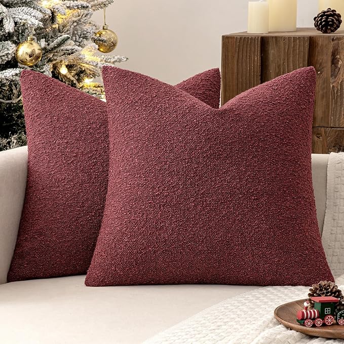 MIULEE 18x18 Inch Decorative Pillow Covers for Couch Bed Set of 2 Textured Boucle Neutral Throw Pillows Burgundy Accent Solid Cushion Pillowcase Cozy Soft Sofa Livingroom Home Decor