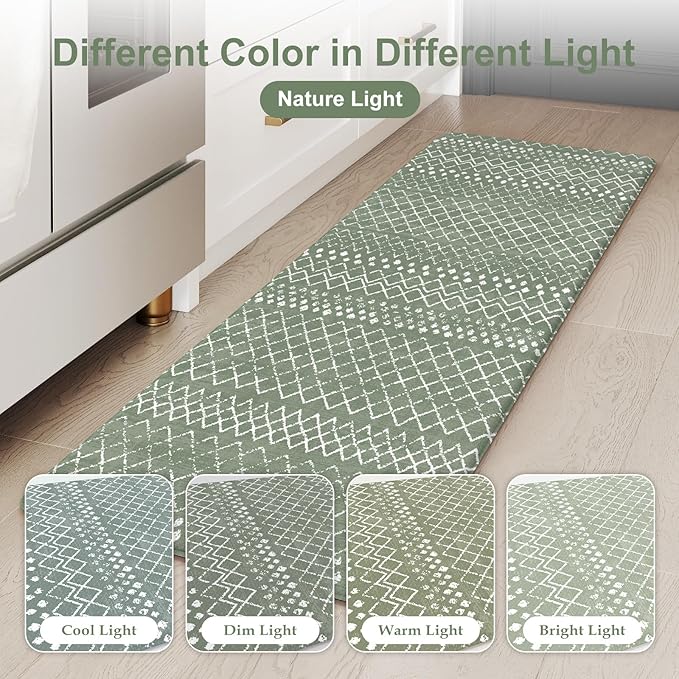 KIMODE Kitchen Mats for Floor Anti Fatigue, Green Boho Kitchen Rugs Sets of 2, Cushioned Kitchen Floor Mats, Comfort Standing Mat for Sink Laundry Office Desk 17"x47"+17"x29"