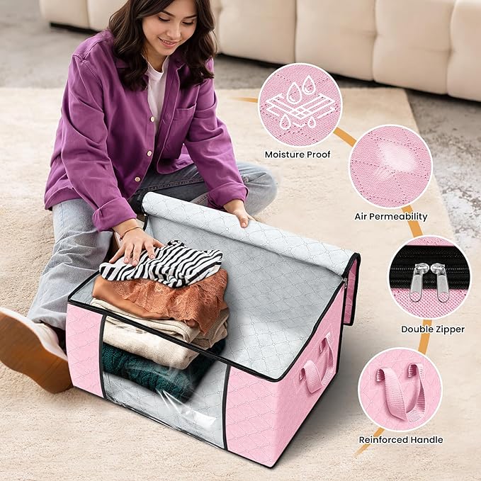 Fab totes 10 Pack Clothes Storage, Foldable Thick Fabric Blanket Storage Bags, Containers for Organizing Bedroom, Closet, Clothing, Comforter,Organization with Handle,Pink