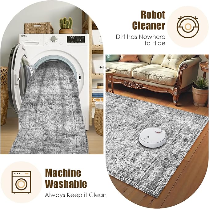 Washable Area Rug 8' x 10' Vintage Traditional Persian Mat - Foldable Distressed Non-Slip Machine Washable Carpet for Living Room Bedroom Kitchen Home Decor - Graphite and Mist