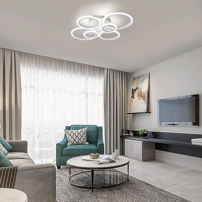 Modern LED Ceiling Light, White 6 Rings Flush Mount Ceiling Light, 4000K Lighting Fixture Ceiling Lamp for Kitchen, Bedroom, Living Room, Laundry Room
