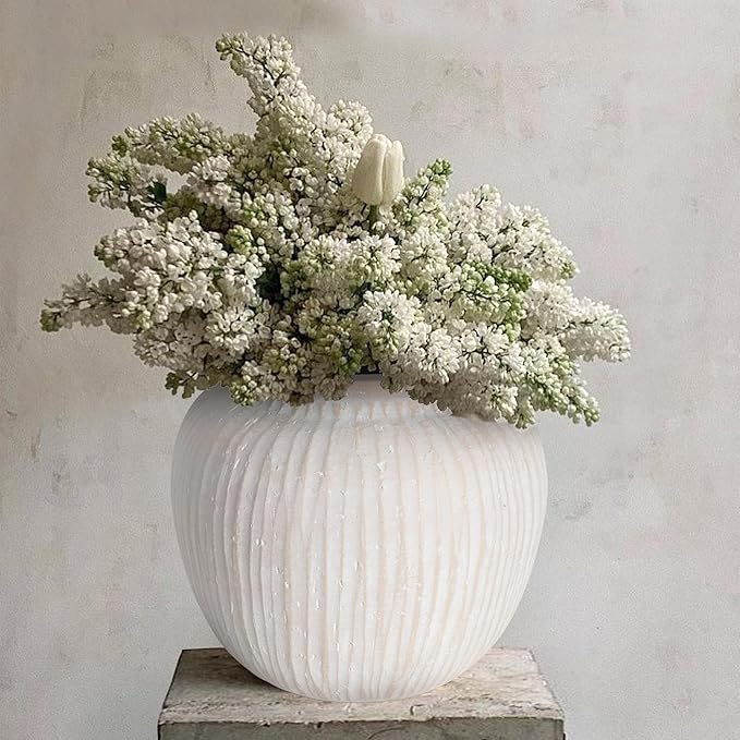 Oakrain Large Rustic Minimalist Vase, 11" Distressed Round Floor Vase for Home Decor, Farmhouse Decorative Centerpieces for Living Room Bedroom, Vintage White