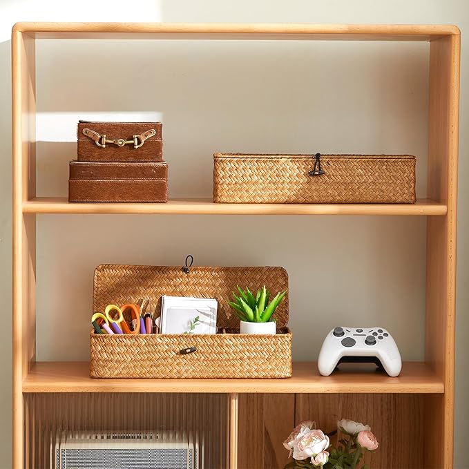 Nonam Seagrass Storage Small Basket with Lid - 3-Section Divided Organizer for Tea,Sugar,Coffee,Tampons - Woven Shelf Bin for Closet, Toilet Tank - Rectangular Narrow Boho Basket Home Decor