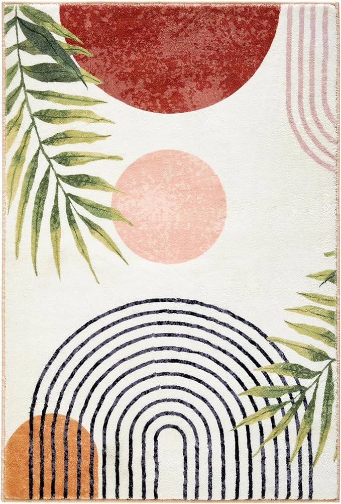 RoomTalks Mid Century Modern Washable Rug, Boho Cute Aesthetic 8x10 Area Rugs Large Carpet for Bedroom Dining Living Room Entryway Office, Contemporary Abstract Leaves Thin Pile Accent Indoor Rug