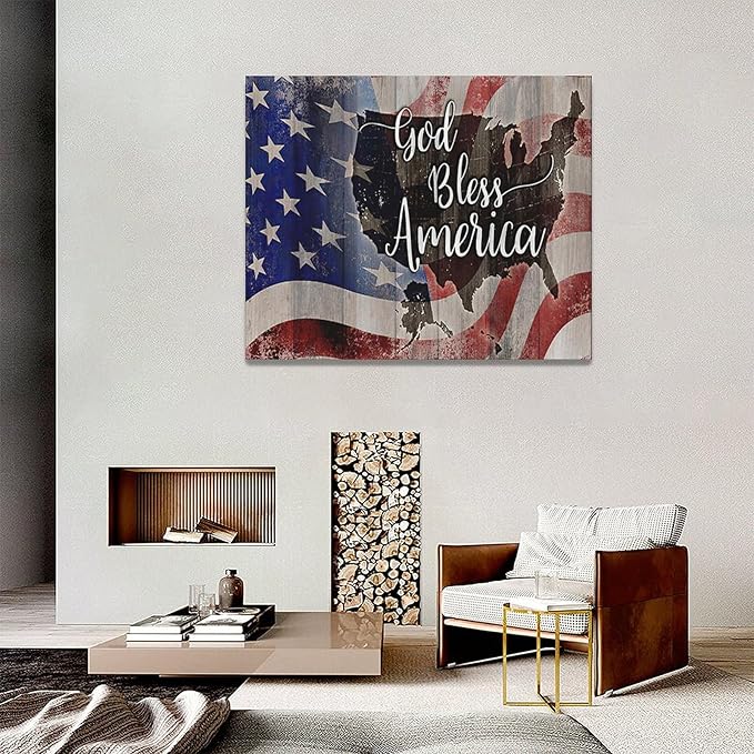 Large American Flag and USA Map Wall Art Rustic United States Map Pictures Wall Decor God Bless America Canvas Painting Print Home Decor Artwork Framed for Living Room Bathroom Master Bedroom 20"x16"