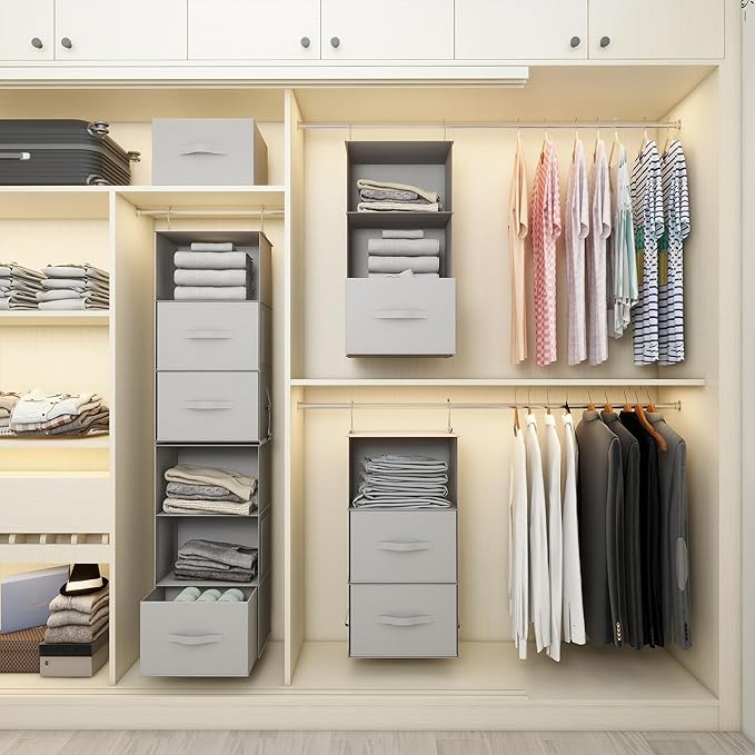 Twira 6-Shelf Hanging Closet Organizer, 2 Separable 3-Shelf Hanging Shelves, Hanging Storage with 3 Removable Drawers 4 Side Pockets, Storage Organizer for Closet, Nursery (Light Grey)