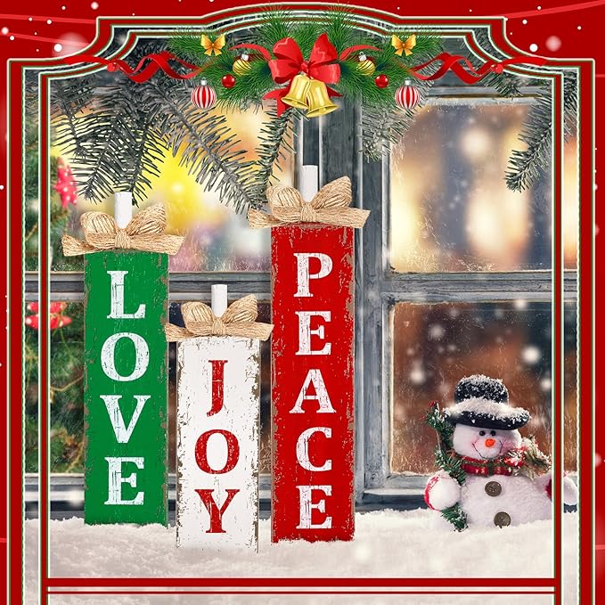 3 Pcs Christmas Tiered Tray Decor Christmas Tabletop Decor Rustic Farmhouse Wooden Table Block Sign and Centerpieces Joy Peace Love Sign for Xmas Home Shelf Kitchen Decorations