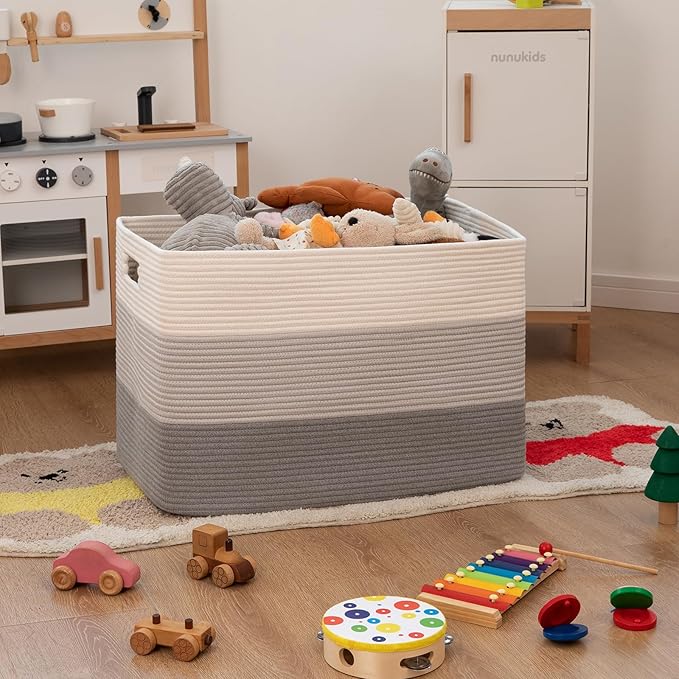 OIAHOMY 108L Large Cotton Rope Basket, Rectangle Woven Baskets for Storage, Nursery Blanket Storage Living Room, Toy Basket With Handle-25”x16”x16”-Gradient Grey