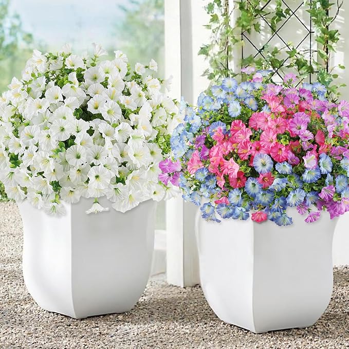 12PCS Artificial Flowers for Outdoor Decorations, Realistic Faux White Silk Petunia Flowers for Outside, Fake Plants Morning Glory with Eucalyptus Porch Patio Planters Window Boxes Decor