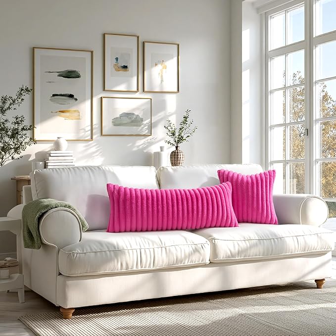 MIULEE Faux Fur Lumbar Decorative Throw Pillow Covers 12x20 Inch Set of 2, Retro Vintage Boho Home Decor Soft Plush Couch Pillows Cozy Fluffy Cushion Covers for Sofa Bed Hot Pink