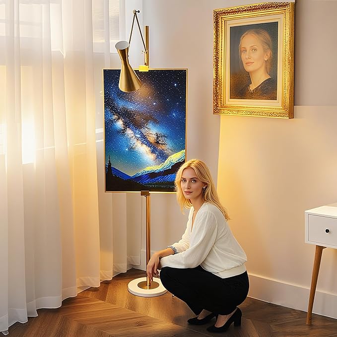 Metal Floor Lamp with Easel, Adjustable 360° Swing-Arm Standing Lamps, 67in Tall Lamp with Marble Base for Living Room, Painting Rooms, Bedroom, Offices, Courtyards, Gold