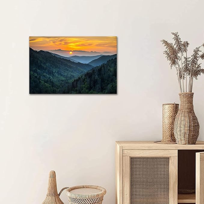 SKASNFAI Nature Landscape Canvas Wall Art Great Smoky Mountains Blue Ridge Mountains Wall Decor Forest Sunrise Pictures Framed for Living Room Bedroom (12x16 inch)