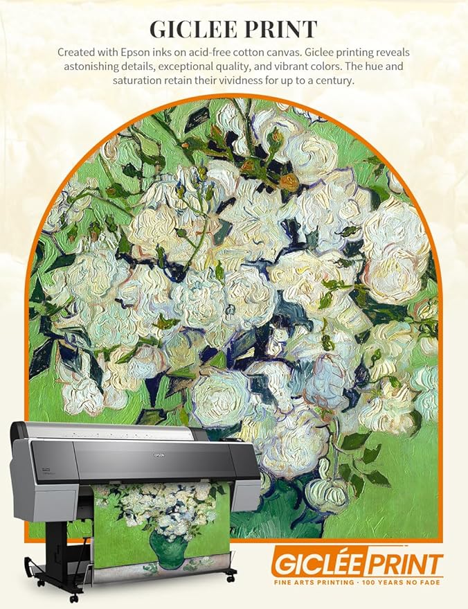 DECORARTS - Pink Roses in a Vase, Vincent Van Gogh Art Reproduction. Acid Free Cotton Canvas Giclee Print w/Bronze Frame&Mat for Wall Decor.