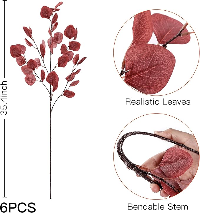 Sggvecsy Artificial Eucalyptus Leaves, 6 Pieces, 35.43 Inch Long, Red Color, Plastic and Silk Material, Easy to Bend and Adjust