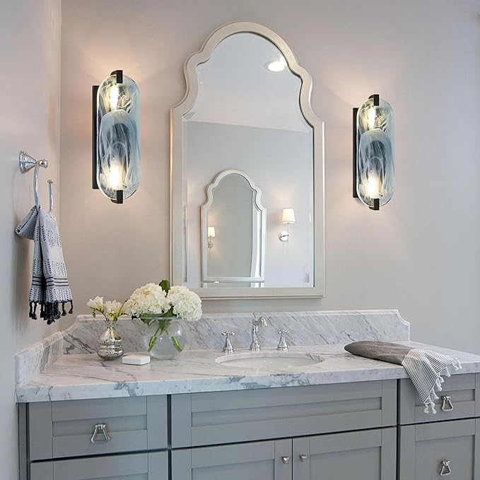 2 Pack 2 Light Oval Blue Glass Bathroom Wall Sconce Modern Concise Style Wall Light Fixture,Black Finish for Bedroom Hallway Bedside