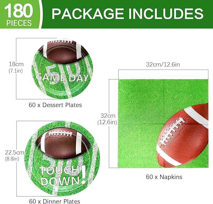 180Pcs Football Party Supplies Paper Plates and Napkins Serve 60 Disposable Tableware Set for Birthday Party Decorations Game Day Family School Holiday Sports Events